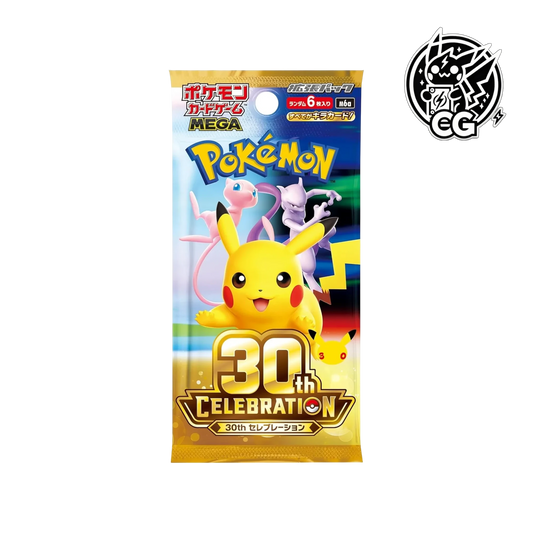 Booster Pokémon 30th Celebration CardsGeneration avec Pikachu, Mew et Mewtwo sur un emballage doré festif