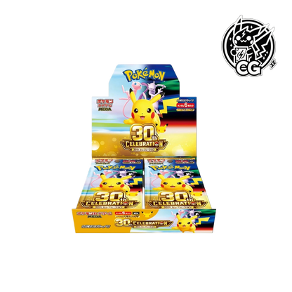 Boîte de boosters CardsGeneration Pokémon 30th Celebration avec Pikachu, Mew et Mewtwo sur fond festif jaune.