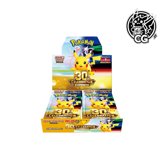 Boîte de boosters CardsGeneration Pokémon 30th Celebration avec Pikachu, Mew et Mewtwo sur fond festif jaune.